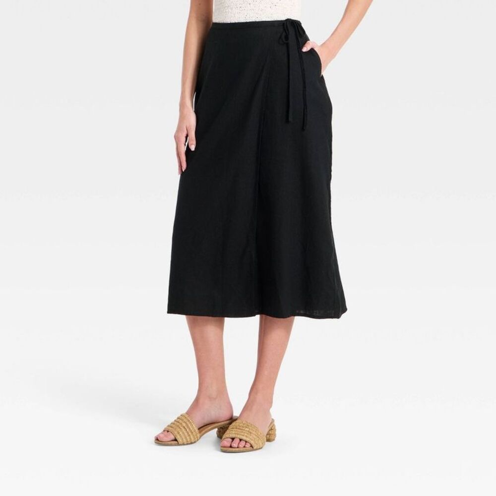 Women's Linen Midi Wrap Skirt - A New Day Black M